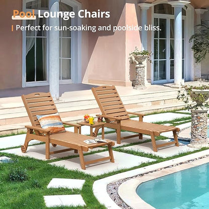 LUE BONA HDPS Chaise Lounge Chair with Table, 2-Piece, Outdoor Pool Lounge Chairs with Adjustable Backrest, Resin Patio Lounge Chairs with Wheels for Outside, Teak Color