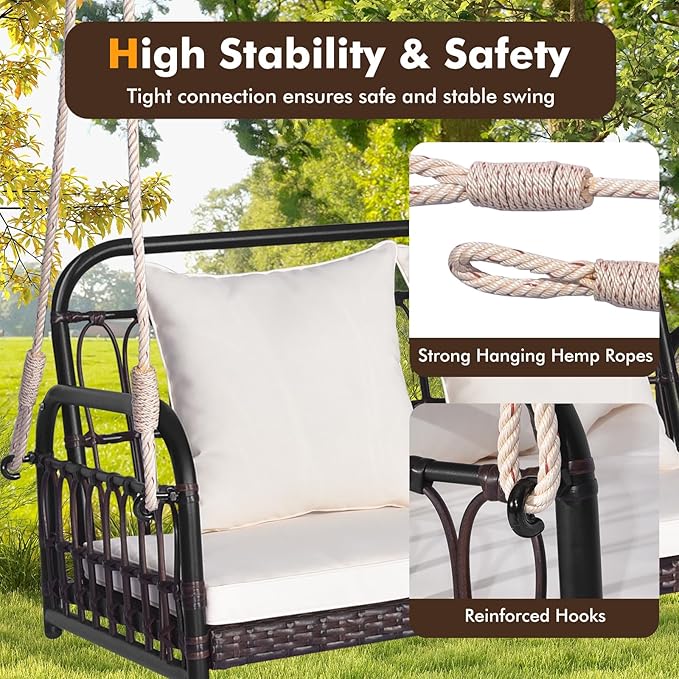 HAPPYGRILL Wicker Porch Swing, 2-Person Outdoor Patio Hanging Chair with Cushions, Metal Frame, Hanging Swing Bench with Ropes for Garden Backyard, 880 LBS Weight Capacity