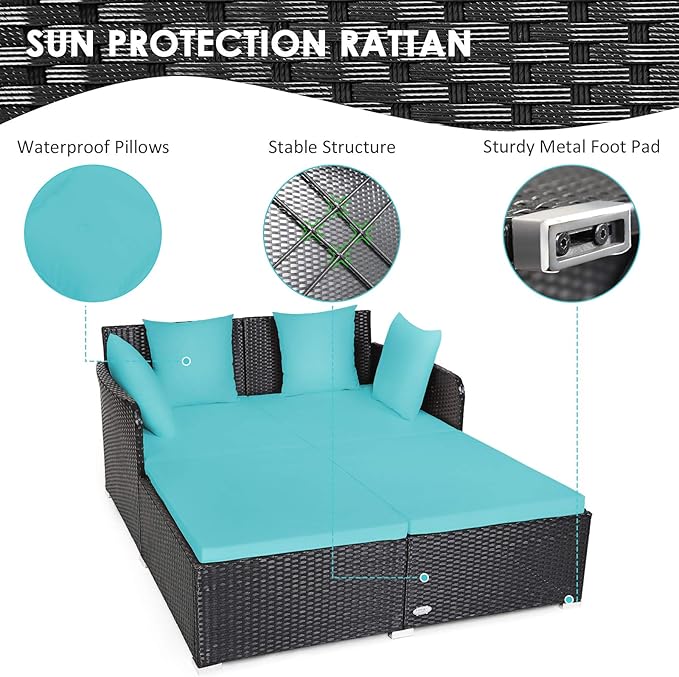Tangkula Outdoor Rattan Daybed, Sunbed Wicker Furniture w/Spacious Seat, Upholstered Cushion & High-Resilience Sponge - Photo 7