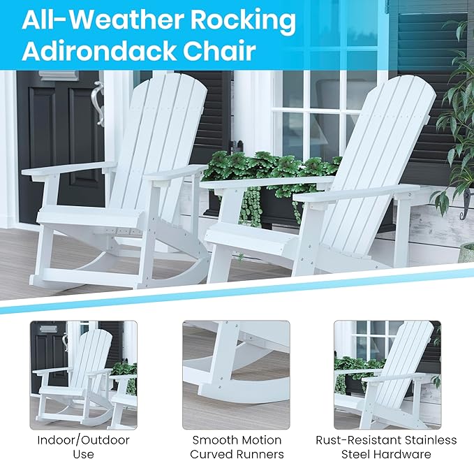 Flash Furniture Set of 4 Savannah Adirondack Rocking Chairs - Commercial Grade All-Weather White Poly Resin Wood - Photo 4