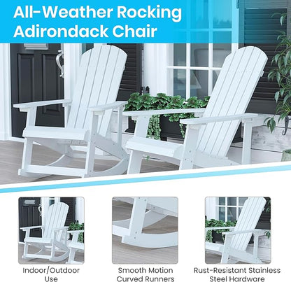 Flash Furniture Savannah Poly Resin Wood Adirondack Rocking Chair - All Weather White Polystyrene - Stainless Steel Hardware