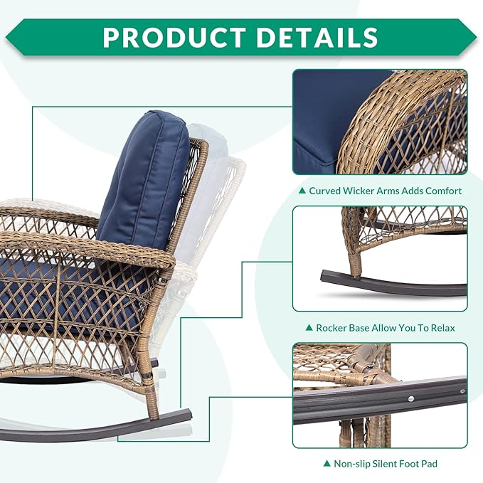VIVIJASON 3-Piece Outdoor Conversation Bistro Set, Patio Wicker Rocking Chairs Rattan Furniture Sets w/ 2 Rattan Chairs - Photo 3