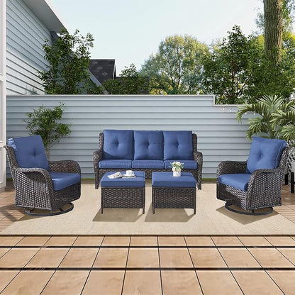 Rilyson Wicker Patio Furniture Set - 5 Piece Rattan Outdoor Sectional Conversation Sets with 2 Rocking Swivel Chairs,2 Ottomans and 1 Sofa for Porch Deck Garden(Brown/Blue)