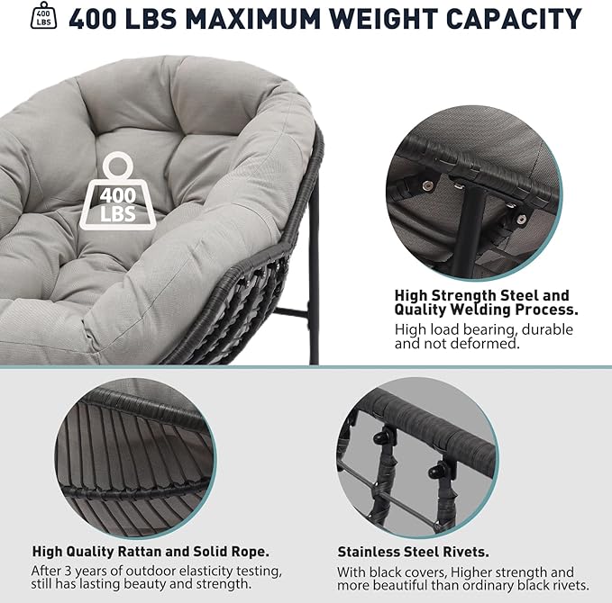 Indoor & Outdoor Rocking Chairs Set of 2, Oversized Rattan Royal Rocking Chair with Padded Cushion, Rocker Egg Chair for Living Room, Patio, Front Porch, Backyard, Grey