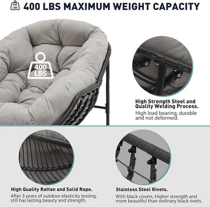 Indoor & Outdoor Rocking Chair, Oversized Rattan Royal Rocking Chair with Padded Cushion, Rocker Egg Chair for Living Room, Patio, Front Porch, Backyard, Grey