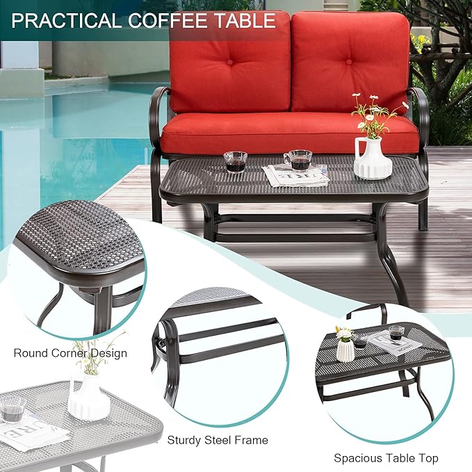 DORTALA 2-Piece Patio Furniture Set, Outdoor Indoor Loveseat and Coffee Table Set, Outdoor Sofa Metal Garden Bench with Soft Cushions, for Balcony, Lawn,Porch, Poolside, Red