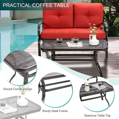 DORTALA 2-Piece Patio Furniture Set, Outdoor Indoor Loveseat and Coffee Table Set, Outdoor Sofa Metal Garden Bench with Soft Cushions, for Balcony, Lawn,Porch, Poolside, Red