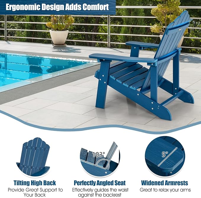 Giantex Outdoor Adirondack Chair - Oversized Patio Chairs w/Hidden Cup Holder, Realistic Wood Grain, 380 LBS Weight Capacity, Weather Resistant Firepit Chairs for Backyard, Garden (1, Navy)
