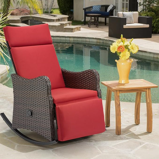 HOMREST Outdoor Recliner for Patio, Wicker Rocking Chair with Extended Footrest & Removable Cushion, Porch Balcony Lounges for Garden, Burgundy