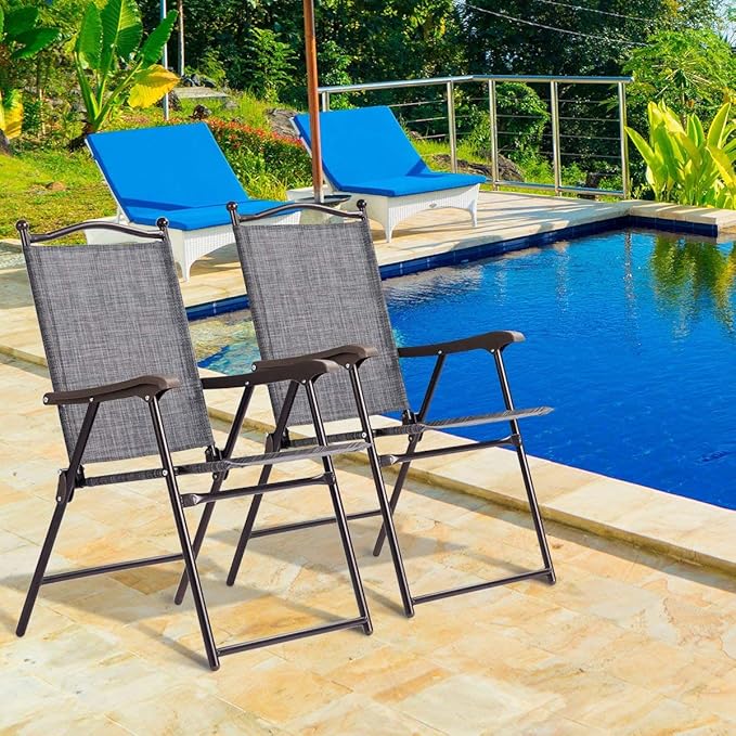 Giantex Set of 2 Patio Folding Chairs, Outdoor Patio Dining Chairs w/Armrest, Sling Back, Metal Frame - Photo 2