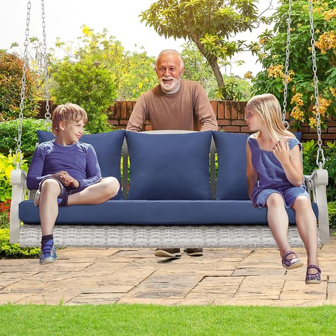 Heavy Duty 900 LBS Porch Swing Chair 3-Person Outdoor Rattan Patio Swing Lounge w/Cup-Holder & Steel Chains Wicker - Photo 7