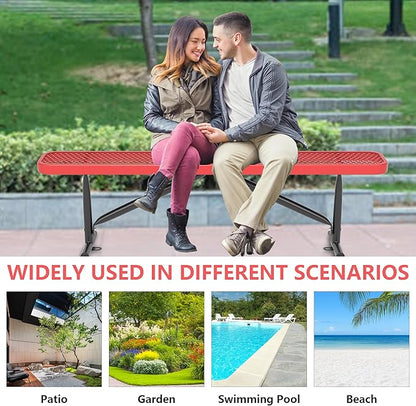 Outdoor Garden Benches, 6 ft Steel Picnic Bench Porch Chair Furniture Patio Seating, Commercial Expanded Metal Mesh Bench for Outside, Lawn, Backyard, Park, Deck, Garden, Patio, School (Red, 6FT)