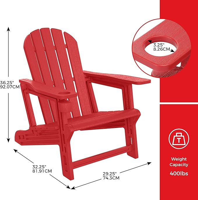 Costaelm Cayman Hardware-Free Assembly Outdoor Patio HDPE Poly Plastic Adirondack Chair with Cup Holder (Set of 2), Red