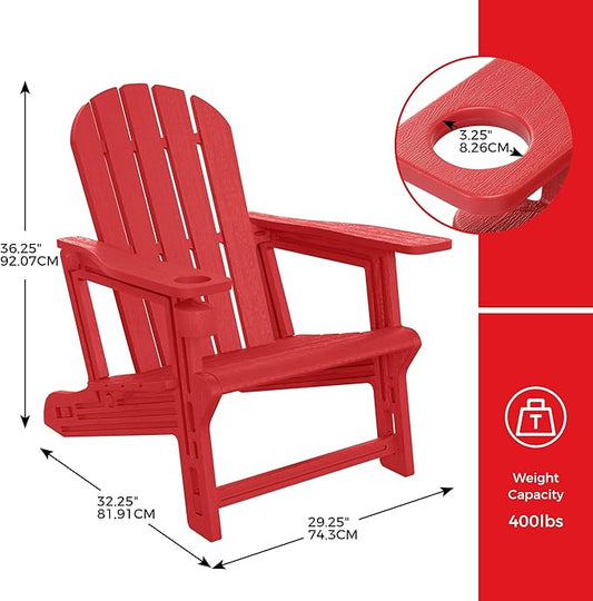 Costaelm Cayman Hardware-Free Assembly Outdoor Patio HDPE Poly Plastic Adirondack Chair with Cup Holder (Set of 2), Red