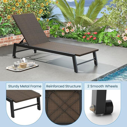 Tangkula PE Wicker Patio Chaise Lounge Chair, Outdoor 4-Position Recliner with Wheels, Outdoor Reclining Chair for Poolside, Backyard and Deck (1, Mix Brown)
