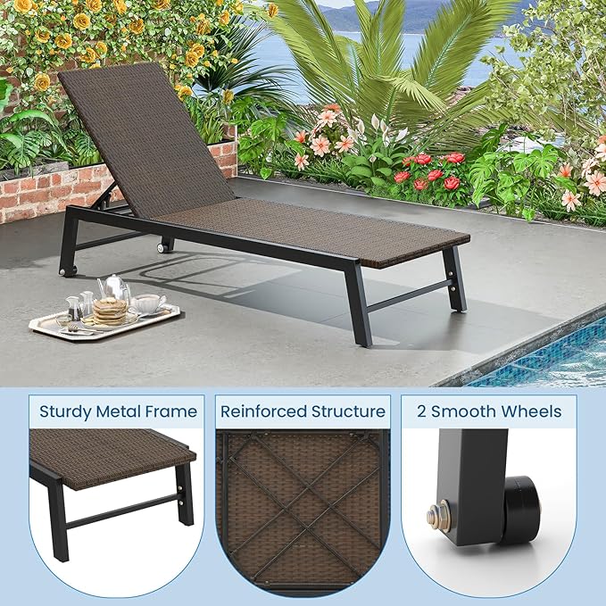 Tangkula PE Wicker Patio Chaise Lounge Chair, Outdoor 4-Position Recliner with Wheels, Outdoor Reclining Chair for Poolside, Backyard and Deck (2, Mix Brown)
