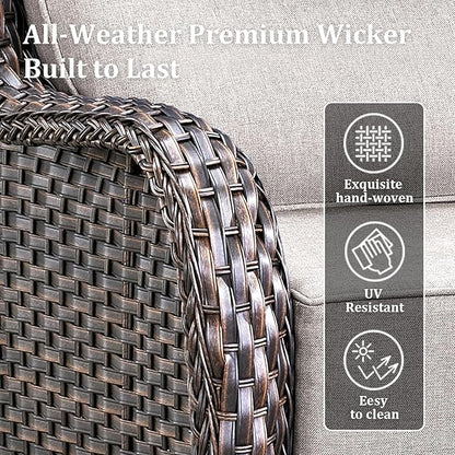 Luxury Outdoor Swivel Rocker Patio Chairs Set of 3, High Back Swivel Patio Chairs with Side Table & 6-Inch Thick Cushions, Wicker Outdoor Bistro Set for Porch, Yard, Deck, Poolside, Brown/Beige