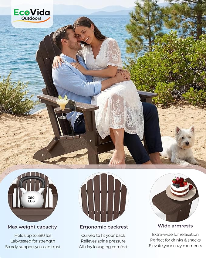 Oversized Adirondack Chair with Dual Cup Holders, Ergonomic High Back HDPE Fire Pit Chair, 380lbs Capacity All-Weather Outdoor Patio Lounge Chair for Garden, Deck, Yard - Coffee