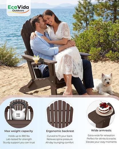 Oversized Adirondack Chair with Dual Cup Holders, Ergonomic High Back HDPE Fire Pit Chair, 380lbs Capacity All-Weather Outdoor Patio Lounge Chair for Garden, Deck, Yard - Coffee