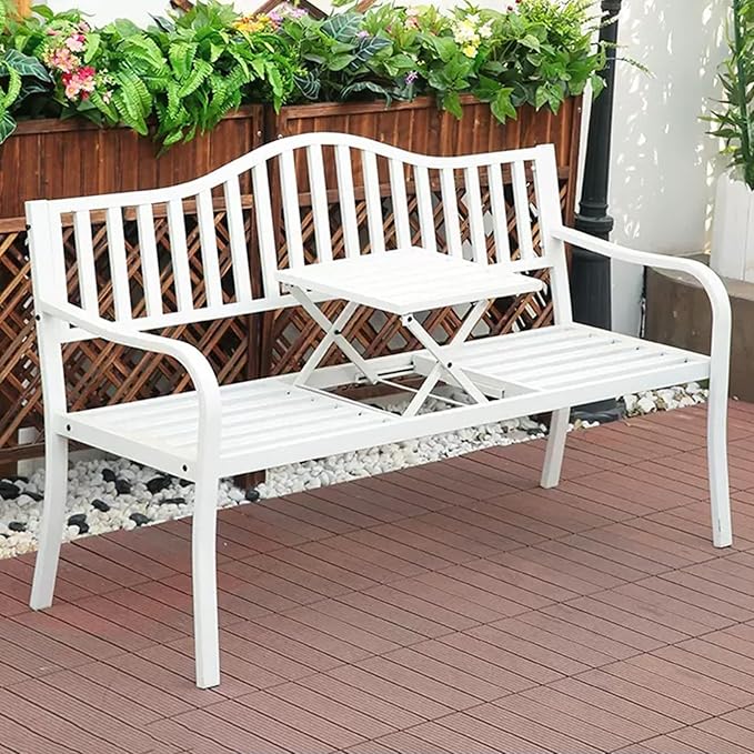 Weatherproof Outdoor Bench, Patio Metal Garden Bench with Built in Table for Yard Lawn Decor Deck(White)