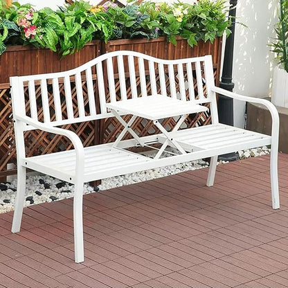 Weatherproof Outdoor Bench, Patio Metal Garden Bench with Built in Table for Yard Lawn Decor Deck(White)