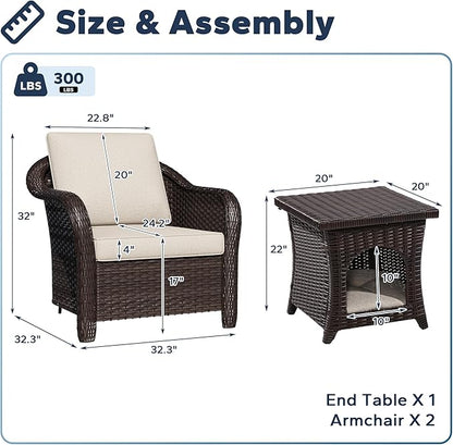 Patio PE Rattan Chairs Set of 2 with Cat Nest End Table, All-Weather & Steel Frame Outdoor Conversation Furniture Set with Washable Cushions for Garden, Bistro, Deck, Yard (Beige)