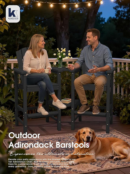 KINGYES Tall Adirondack Chair Set of 2 with 9FT Umbrella, Outdoor HDPE Adirondack Barstools with Double Connecting Trays, High Airondack Chair with Wood Grain, Embossed Balcony Chair, Backyard, Black