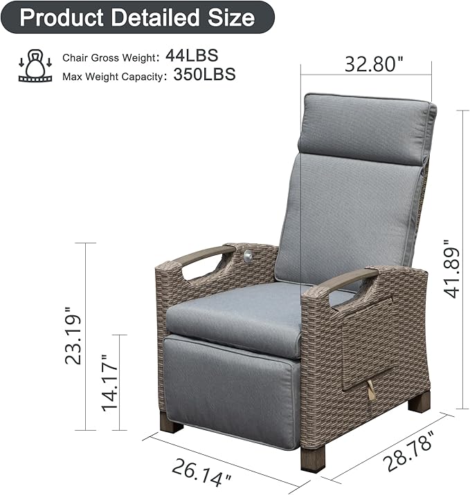 Domi Outdoor Recliner Chair, Patio Recliner with Hand-Woven Wicker, Flip Table Push Back, Adjustable Angle, Thickness Cushions, Reclining Lounge Chair for Indoor & Outdoor Use, Grey