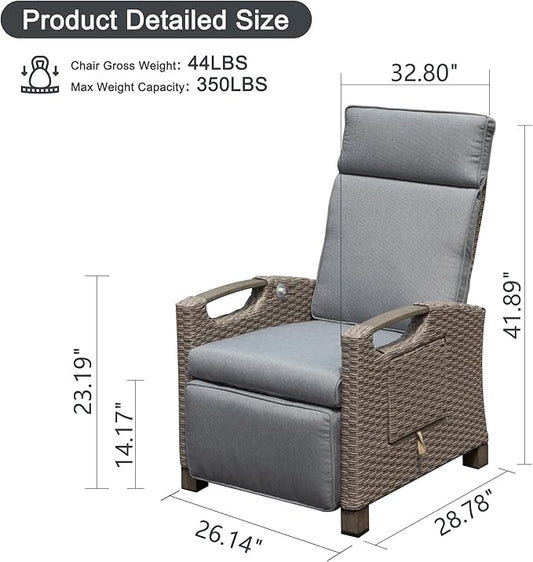 Domi Outdoor Recliner Chair, Patio Recliner with Hand-Woven Wicker, Flip Table Push Back, Adjustable Angle, Thickness Cushions, Reclining Lounge Chair for Indoor & Outdoor Use, Grey
