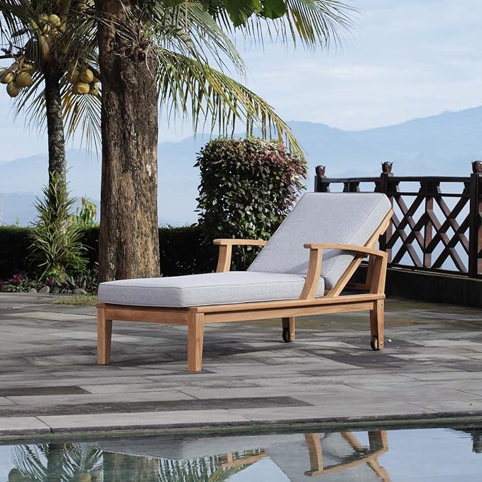 Modway EEI-1151-NAT-GRY-SET Marina Premium Grade A Teak Wood Outdoor Patio Chaise Lounge Chair, Natural Gray - Photo 2