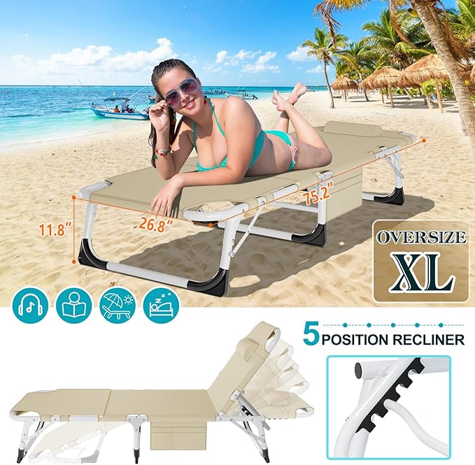 ABORON 3 in 1 Sun Tanning Chair Oversized with Mat&Face Arm Hole, Heavy Duty Folding Chaise Lounge Chairs - Photo 3