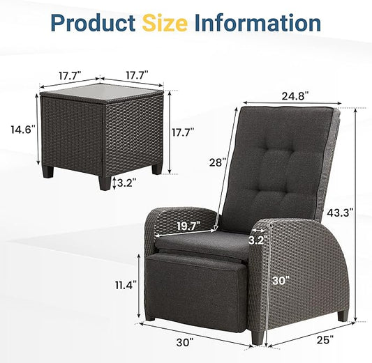 Green4ever Outdoor Patio Recliner with Adjustable Backrest and Footrest, All-Weather Wicker Patio Chair with Side Table, 160° Lay Flat Patio Reclining Lounge Chair for Garden Backyard, Grey