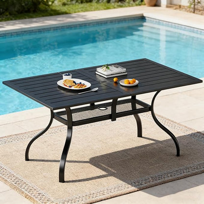 SUNCROWN 60"x37" Black Patio Outdoor Dining Table Metal Steel Slat Rectangular Bistro Table for Porch Deck Garden Backyard Poolside, 1.57" Umbrella Hole