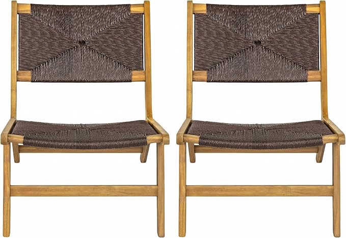 Christopher Knight Home Oner Lounge Chair Outdoor Set of 2, Sturdy Acacia Wood Armless Chair, Weather Resistant Outdoor Furniture, Garden/Poolside Extra Seat with Natural PE Wicker, Teak + Dark Brown