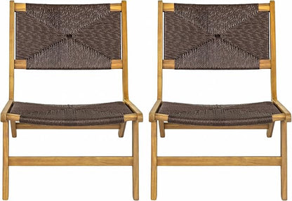 Christopher Knight Home Oner Lounge Chair Outdoor Set of 2, Sturdy Acacia Wood Armless Chair, Weather Resistant Outdoor Furniture, Garden/Poolside Extra Seat with Natural PE Wicker, Teak + Dark Brown