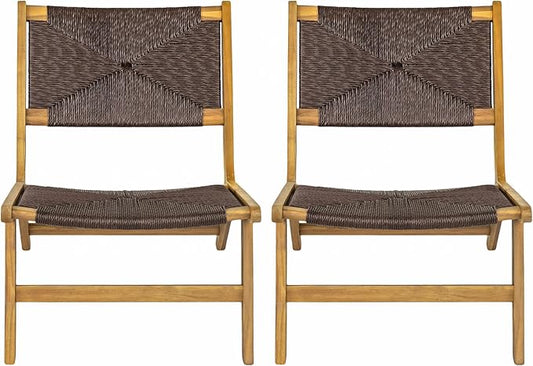 Christopher Knight Home Oner Lounge Chair Outdoor Set of 2, Sturdy Acacia Wood Armless Chair, Weather Resistant Outdoor Furniture, Garden/Poolside Extra Seat with Natural PE Wicker, Teak + Dark Brown