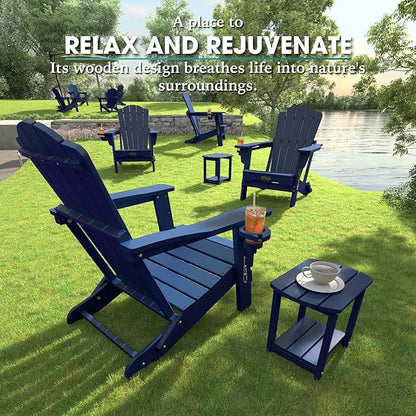Folding Adirondack Chair,HDPE All-Weather Outdoor Chair with Cup Holder,Wooden Textured,Fire Pit Chair,Plastic Patio Chair for Deck,Backyard,Garden,Lawn(Navy Blue)