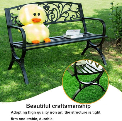50" Outdoor Metal Garden Bench, Weatherproof Patio Seating for 2, Floral Backrest & Arch Legs, Perfect for Lawn, Porch, Park & Backyard (White)