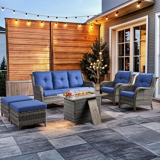 HUMMUH 6 Pieces Patio Furniture Set with Fire Pit Table High Back Outdoor Conversation Set Wicker Patio Couch Outdoor Chairs Ottomans for Balcony Garden,Lawn,Deck