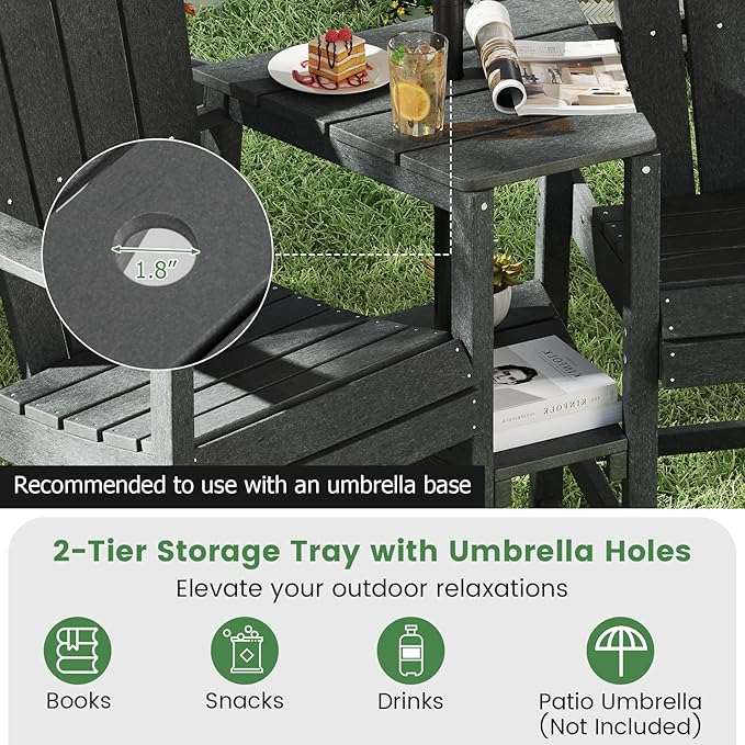 Giantex Outdoor Tall Adirondack Chairs Set of 2, HDPE Adirondack Bar Stools w/Double Connecting Tray, Umbrella Hole, High Backrest, All-Weather Balcony Chair, Patio Barstools for Garden Lawn (Gray)