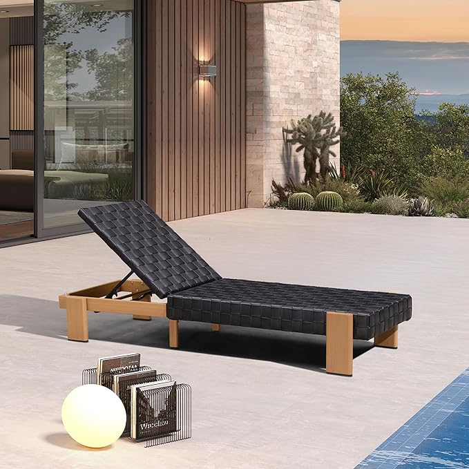 PURPLE LEAF Patio Lounge Chair Modern Outdoor Wicker Chaise Lounge 1 Piece with Adjustable Backrest Aluminum Rattan Chaise Lounge Chairs for Pool Garden Backyard Beach, Black