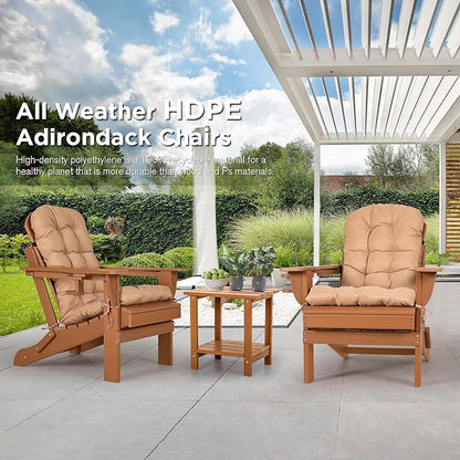 nalone Folding Adirondack Chairs Set of 2 with Cushion with Cup Holder, HDPE Plastic Oversized Patio Chair Weather Resistant, Used in Outdoor, Fire Pit, Deck, Garden, Campfire Chairs (Teak)