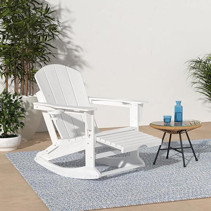 KINGYES Adirondack Rocking Chair Set of 4 with Retractable Ottoman and Cup Holders, HDPE Adirondack Rocker Patio Rocking Chair for Porch, Patio, Balcony, White