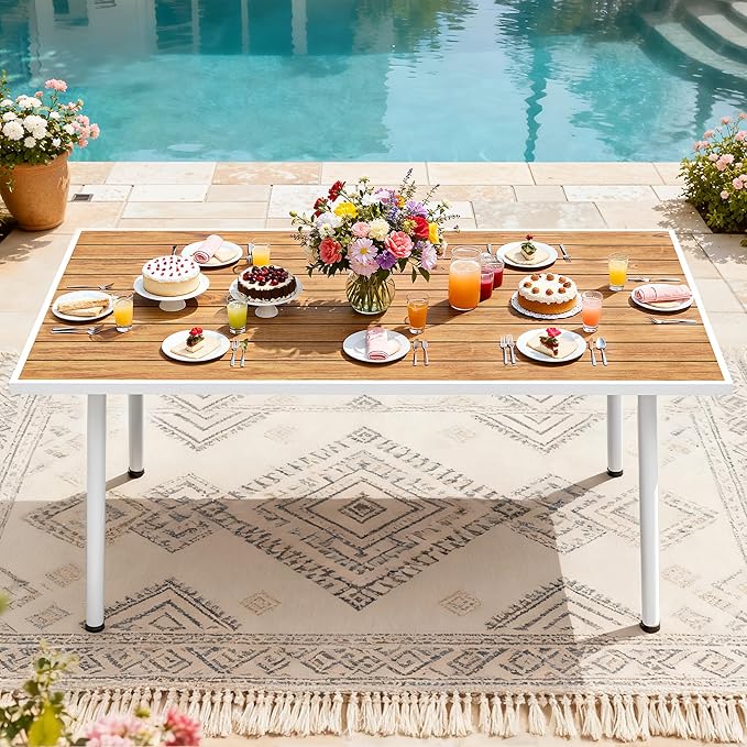 YITAHOME Patio Table Rectangle 59" for 6 Outdoor Table with Umbrella Hole & Adjustable Feet All-Weather Outdoor Patio Table with Metal Frame Patio Dining Table for Garden Backyard