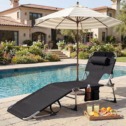 GYMAX Tanning Chair with Face Hole, Sun Bathing Lounge Chairs for Outside with Side Pocket, Folding Portable Face Down Layout Tanning Chair Beach, Backyard, Poolside, Lawn (Black,1)