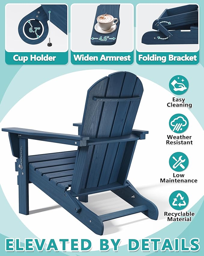 Outdoor Folding Adirondack Chair Set of 2 for Patio Fire Pit, Wooden Textured HDPE Adjustable Chairs with Cup Holder, Waterproof All Weather Resistant Plastic for Pool Lawn Garden Backyard(NavyBlue)