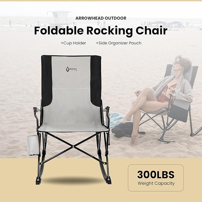 ARROWHEAD OUTDOOR 2-Pack Foldable Rocking Camp Chair with Large Cup Holder, Side Pocket, Space-Saving Folding, Enhanced Swinging Rocker for Camping, Fishing, Patio