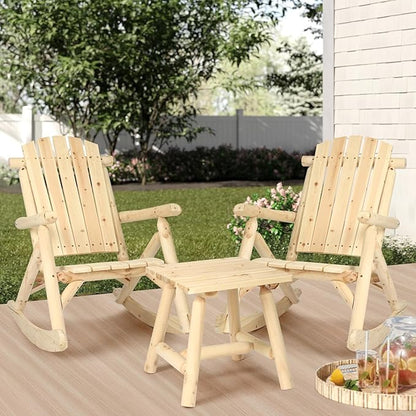 HOMEDIARY 3 Pieces Outdoor Wood Rocking Bistro Set, Adirondack Rocker Chair Set with 2 Rockers and 1 Coffee Table, Patio Wooden Conversation Set for Garden, High Fanned Back & Slatted Seat, Natural