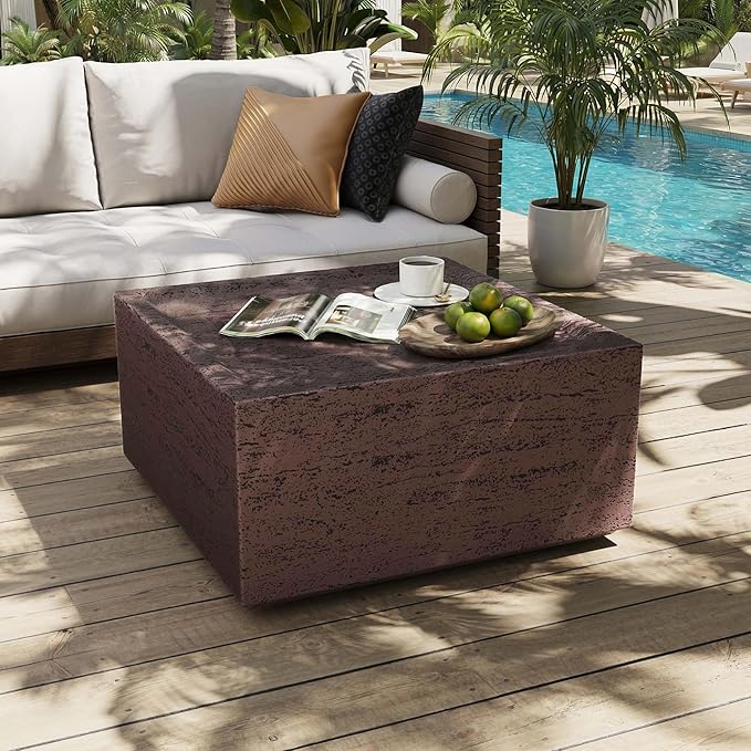 UPHA 28" Square Outdoor Coffee Table, Modern Hollow Concrete Patio Table, Small Minimalist Low Accent Table for Living Room, Balcony, Deck, Backyard, Rust Red