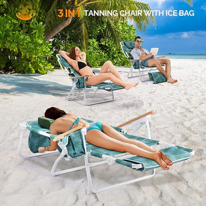 Bonnlo Deluxe 3-in-1 Beach Chair,Tanning Chair with Face Hole,Sunbathing Lounge Chair Outdoor,Adjustable Footrest,Cup Holder and Storage Pocket,Beach Lounge for Beach Pool Patio-Leaf